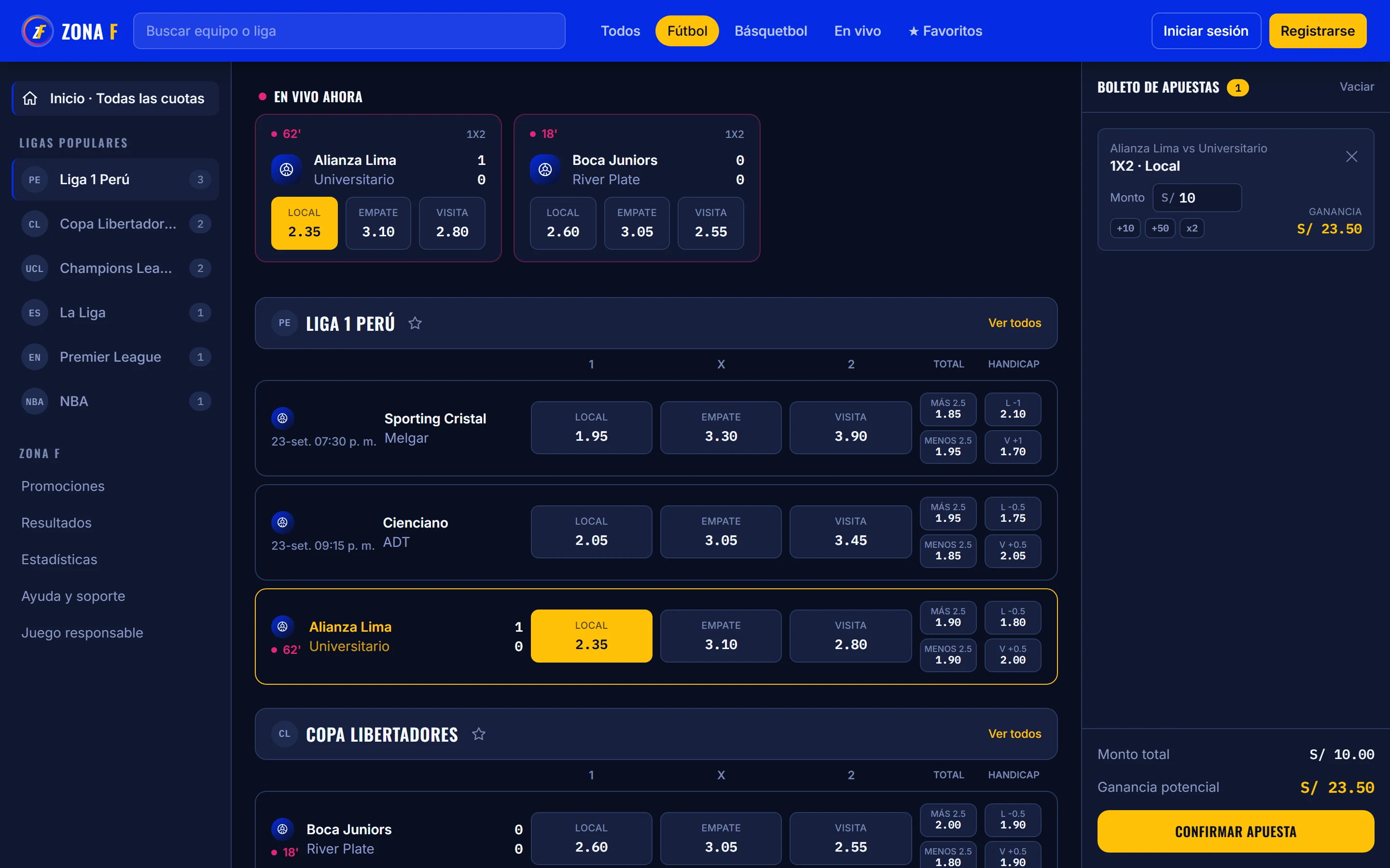Zona F en escritorio: partidos en vivo con cuotas 1X2, listado de ligas, barra lateral y boleto de apuestas con la ganancia potencial