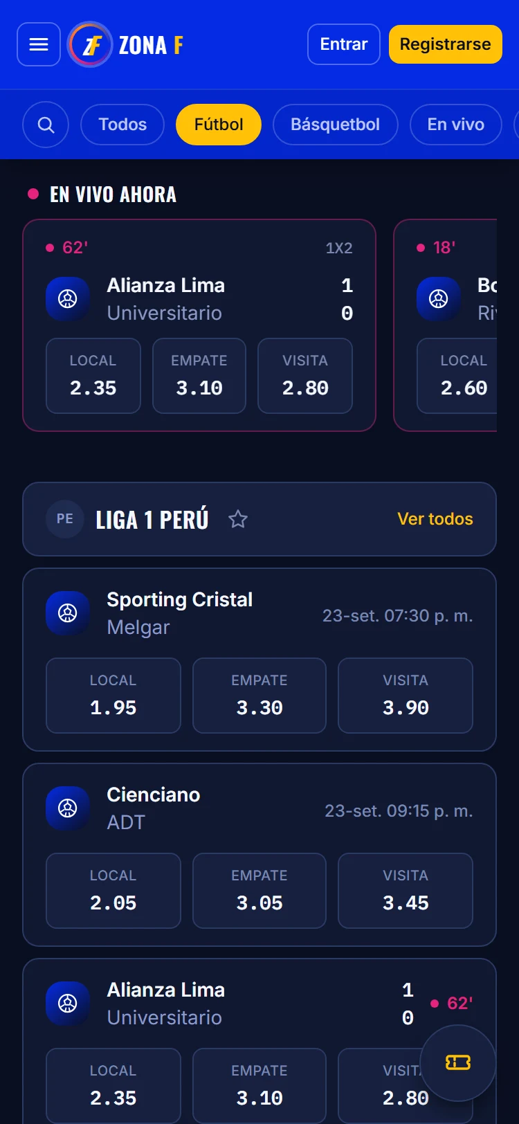 Zona F en el móvil: partidos en vivo con cuotas, cabecera con filtros y un botón flotante del boleto