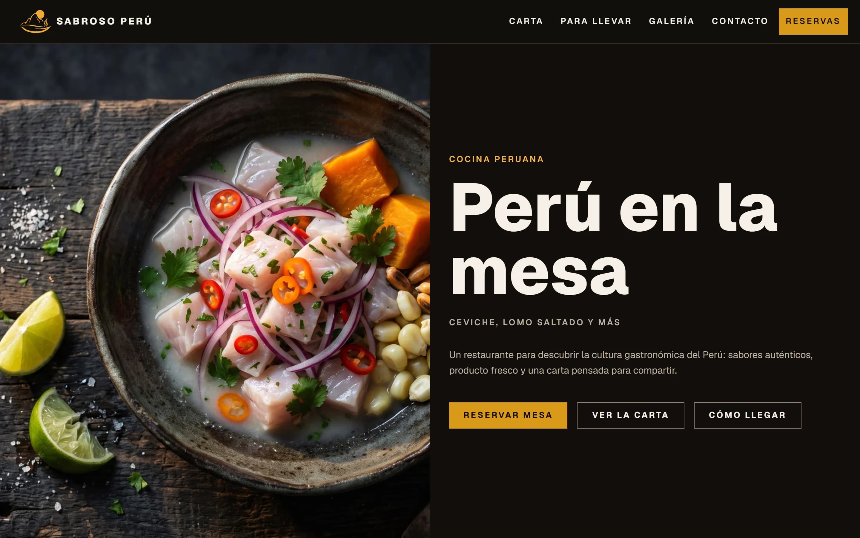 Sabroso Perú home page on desktop: a header with the brand emblem, the headline «Perú en la mesa», buttons to book a table and see the menu, the logo and the opening hours, on a dark background with an amber accent