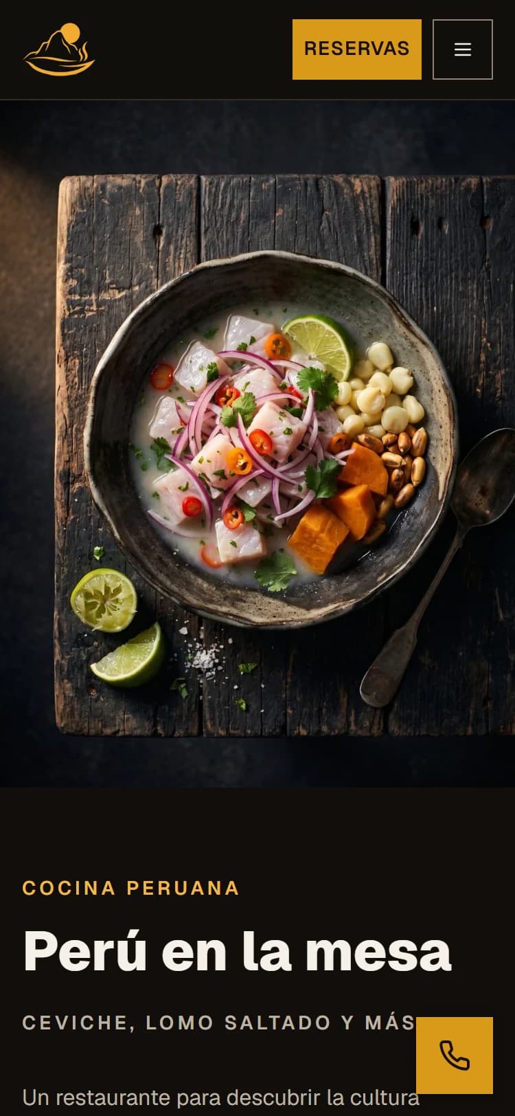 Sabroso Perú on a phone: a header with the emblem, a Reservas button and a drop-down menu, the headline «Perú en la mesa» and buttons to book a table, see the menu and get directions